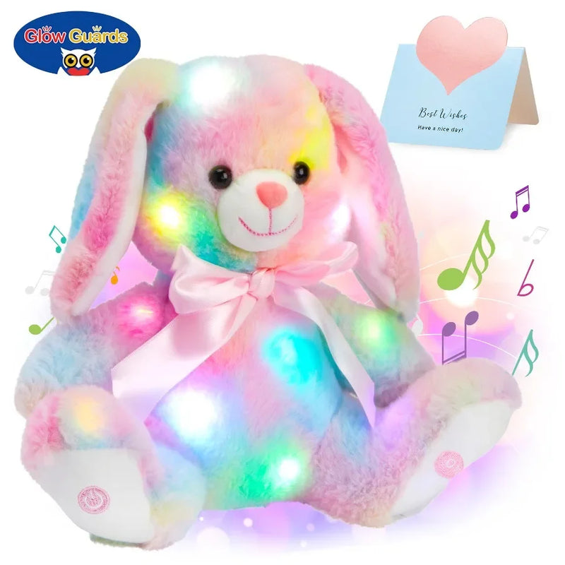 Brinquedos de pelúcia de coelho de algodão luminosos, almofada fofa, música, arco-íris,