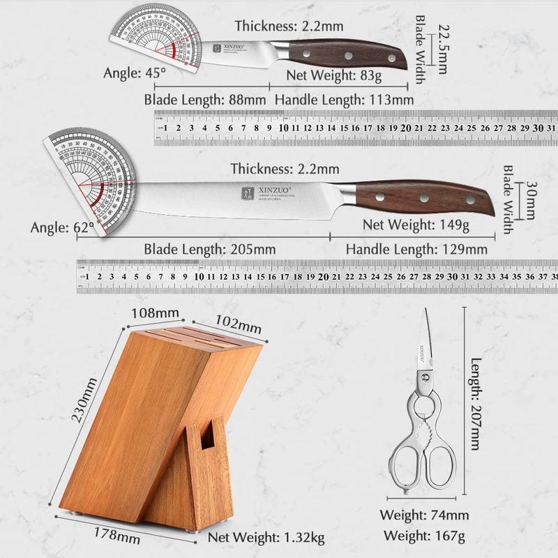 XINZUO 7PCS Conjunto de facas de cozinha forjadas alemãs 1.4116 Aço inoxidável Afiado Chef Santoku Cutelo Tesoura de cozinha Conjunto de ferramentas