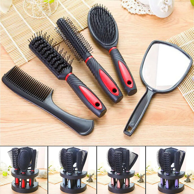 5Pcs/Set Escova de Cabelo Couro Massagem Pente Profissional Salão