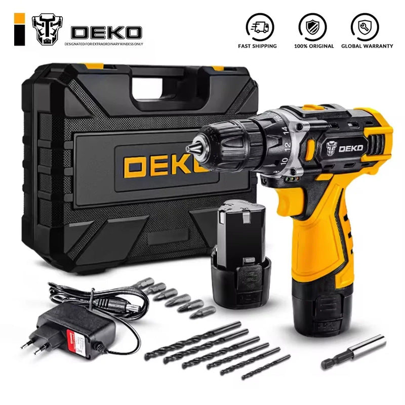 DEKO 12V/16V/20V Cordless Drill Screwdriver Mini Wireless Power Driver Lithium-Ion Battery LED Light Home DIY Woodworking